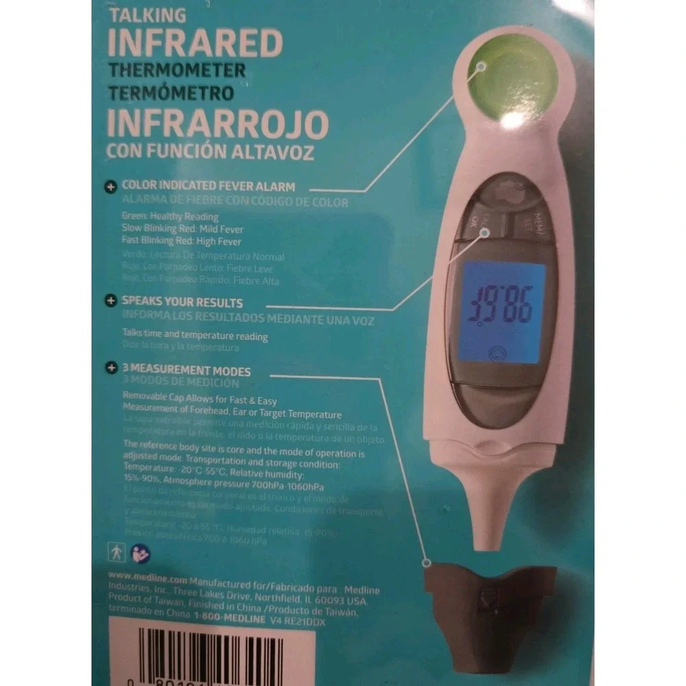 MEDLINE Talking Infrared Thermometer Speaks Results Color Coded Fever Alarm NIP!
